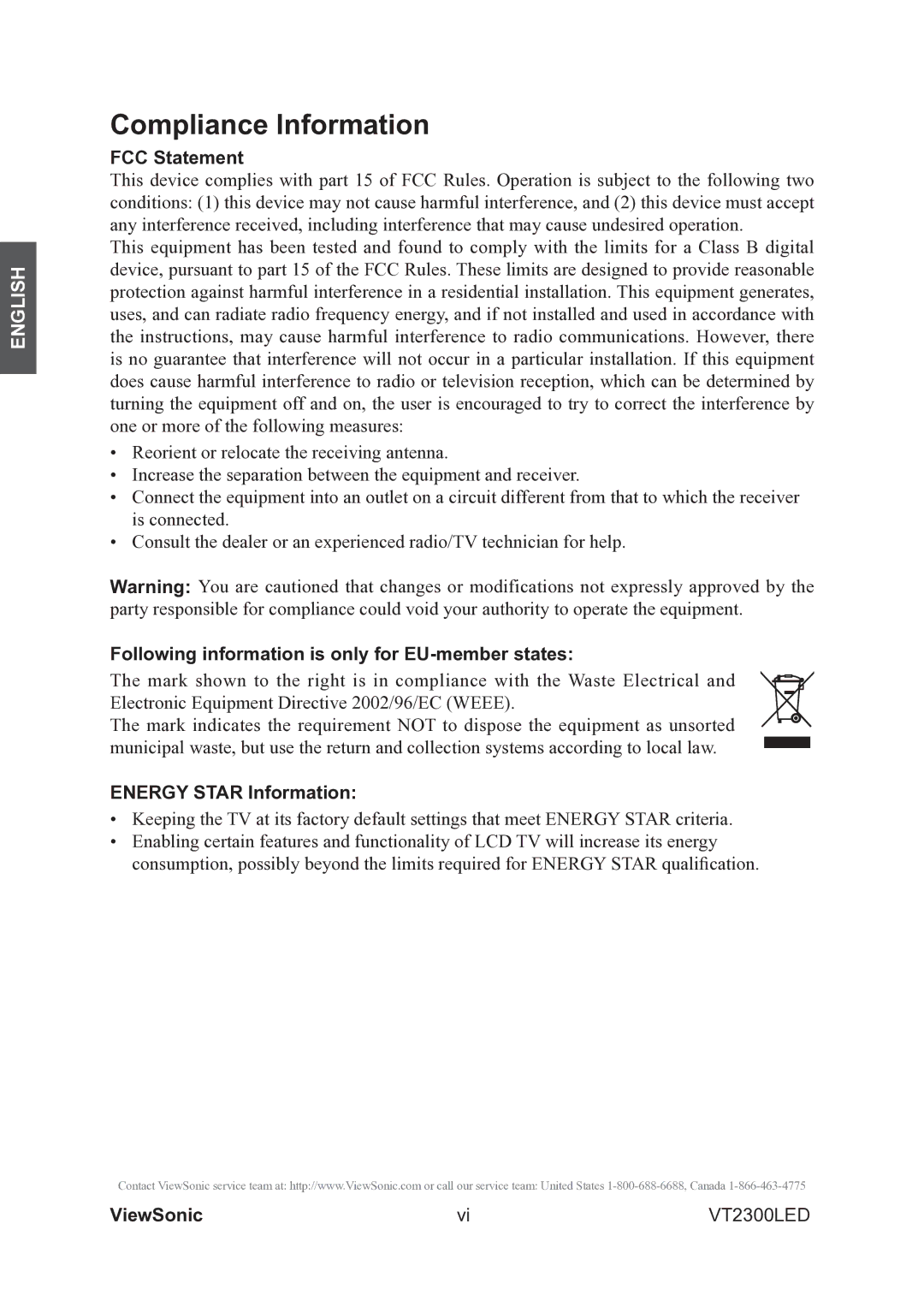 ViewSonic VS13215-1M warranty Compliance Information, FCC Statement, Following information is only for EU-member states 