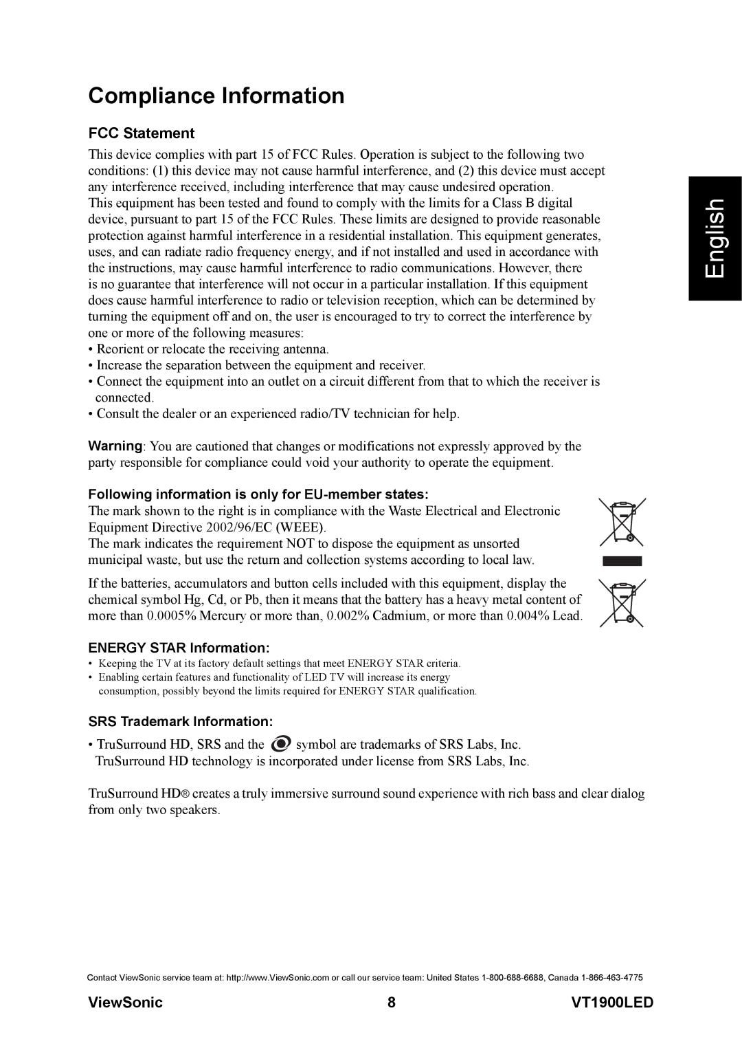 ViewSonic VS13231-1M warranty Compliance Information, FCC Statement 