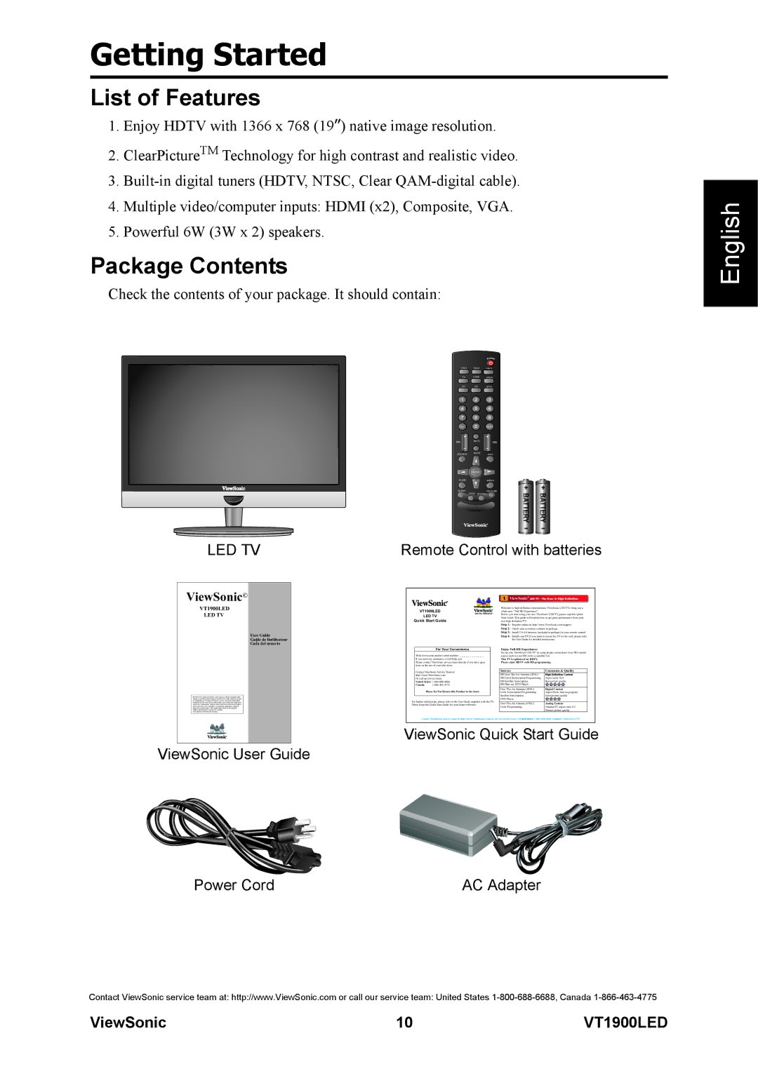 ViewSonic VS13231-1M warranty List of Features, Package Contents 