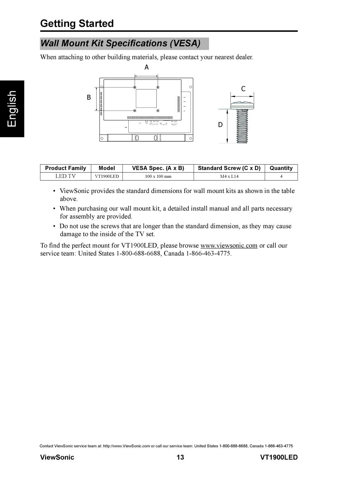 ViewSonic VS13231-1M warranty Wall Mount Kit Specifications Vesa 