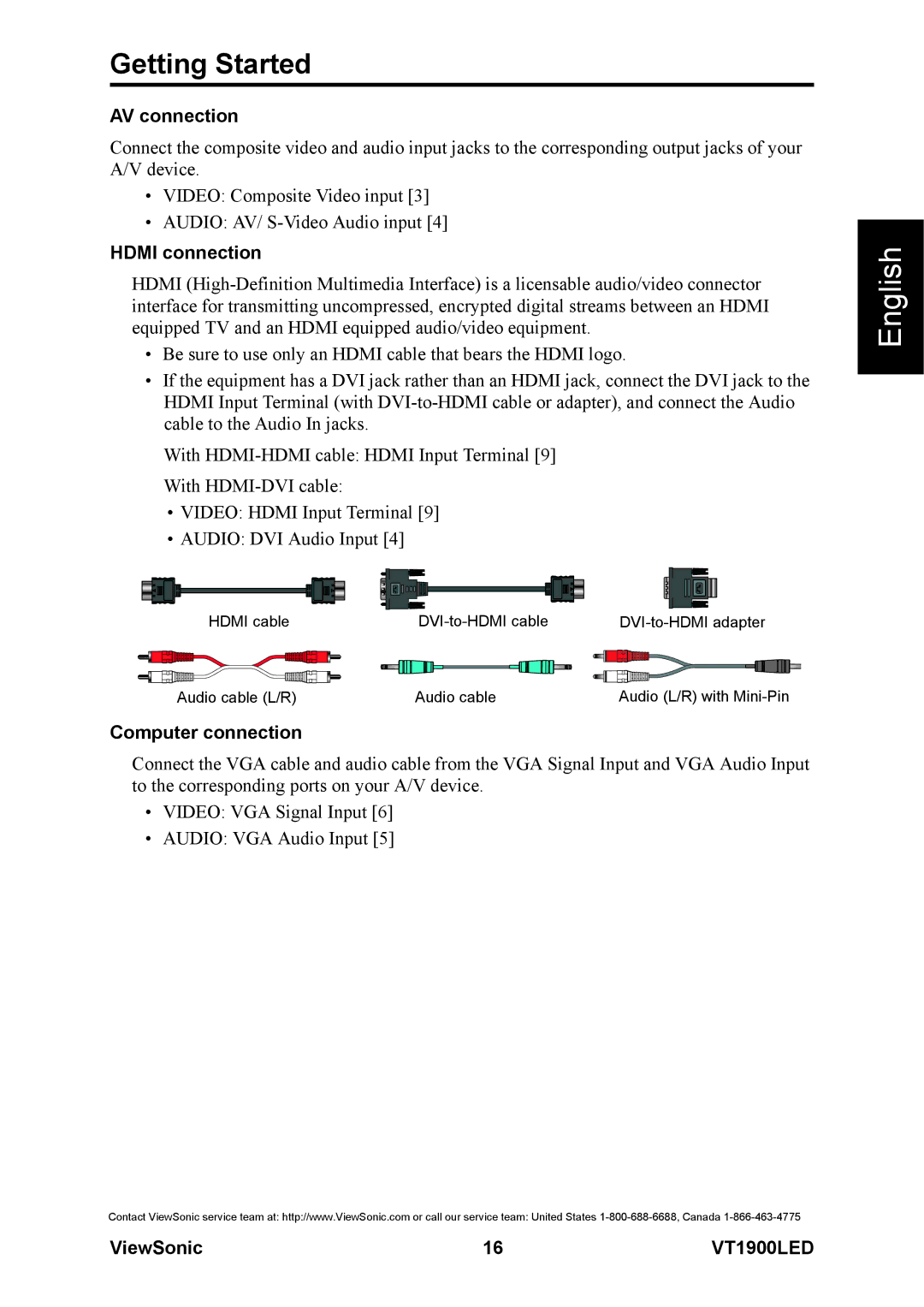 ViewSonic VS13231-1M warranty AV connection, Hdmi connection, Computer connection 