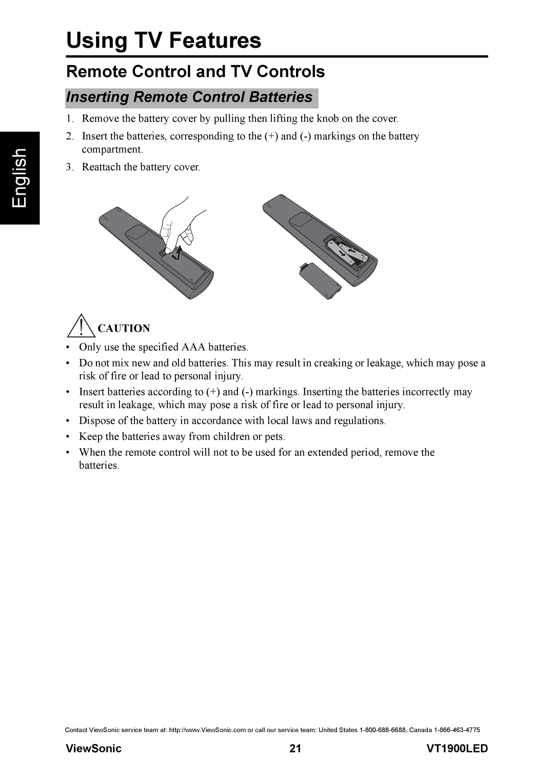 ViewSonic VS13231-1M warranty Remote Control and TV Controls, Inserting Remote Control Batteries 