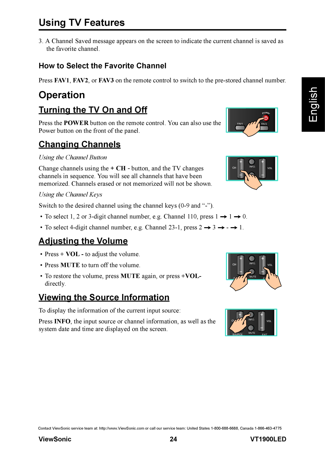 ViewSonic VS13231-1M warranty Operation, Turning the TV On and Off, Changing Channels, Adjusting the Volume 