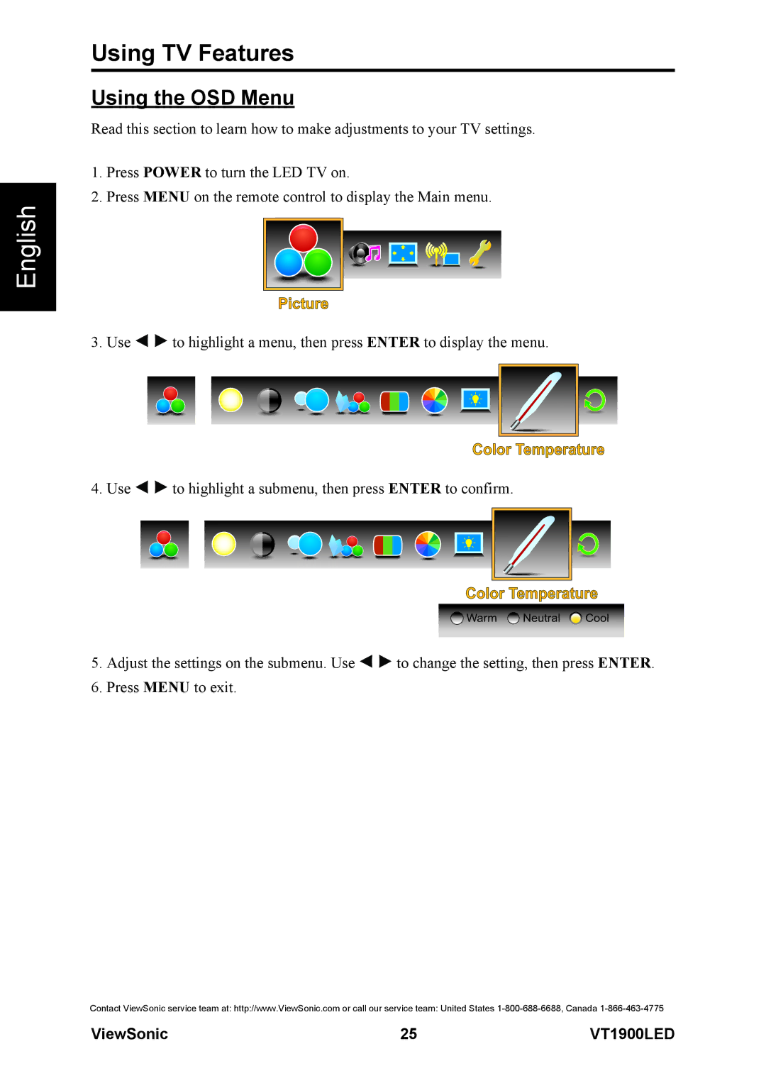 ViewSonic VS13231-1M warranty Using the OSD Menu, Picture, Color Temperature 