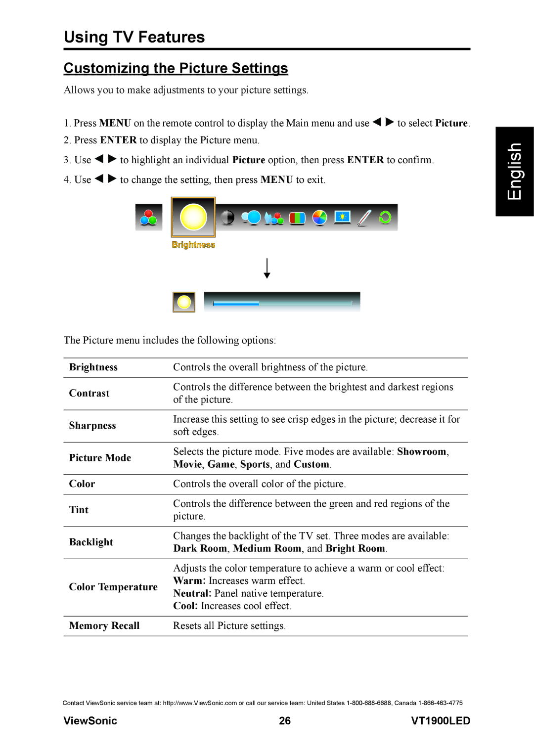 ViewSonic VS13231-1M warranty Customizing the Picture Settings 