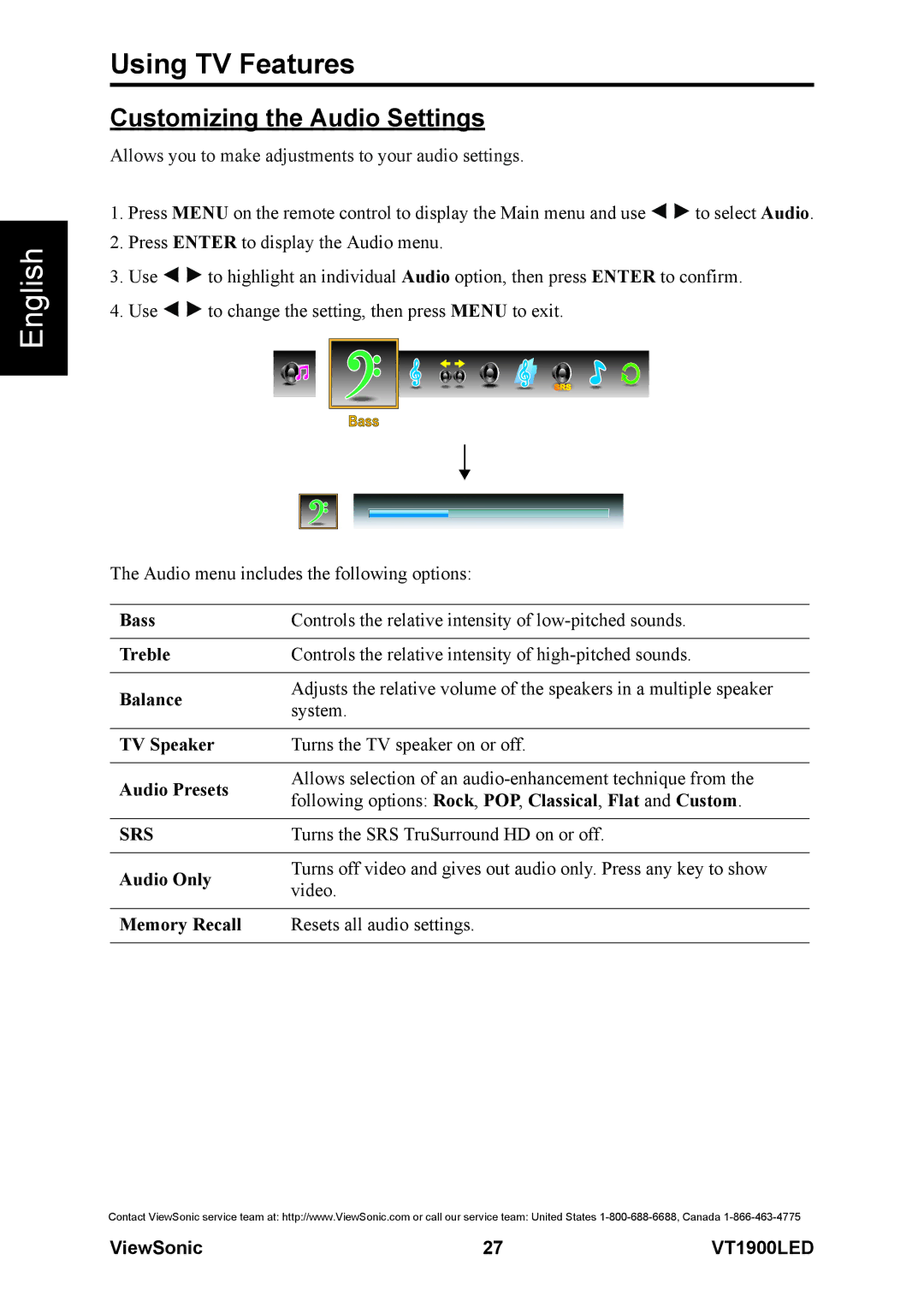 ViewSonic VS13231-1M warranty Customizing the Audio Settings 