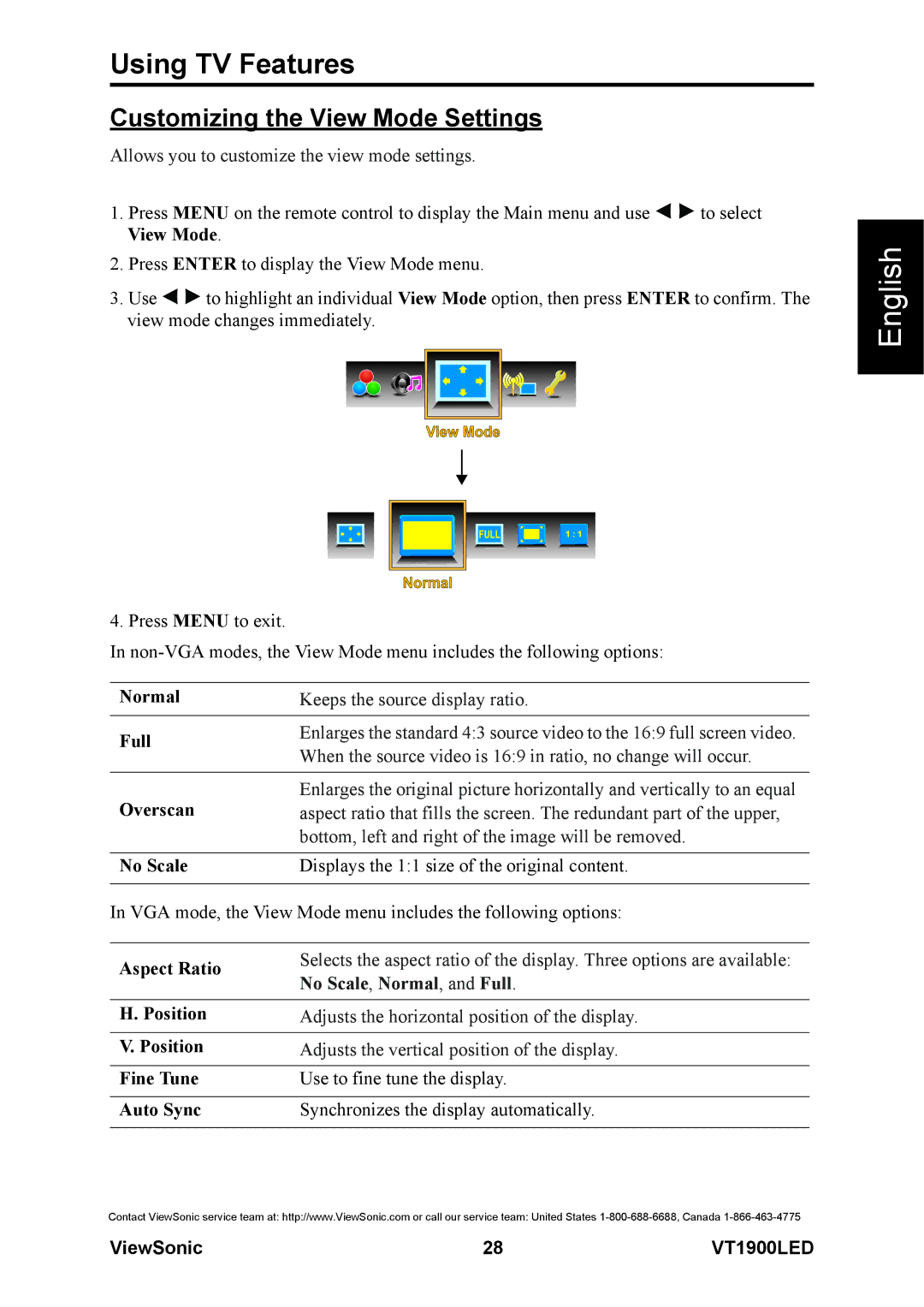 ViewSonic VS13231-1M warranty Customizing the View Mode Settings 