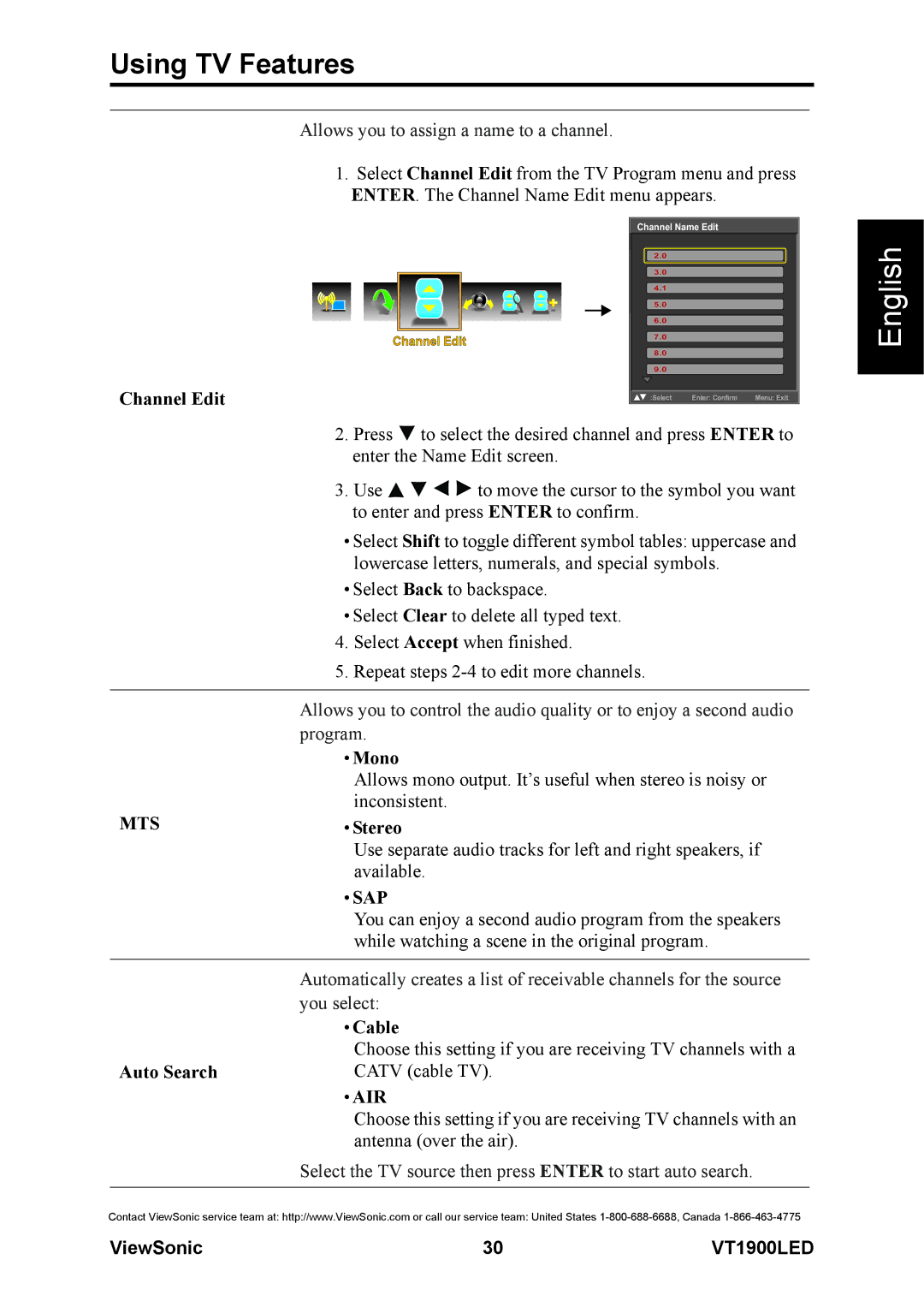 ViewSonic VS13231-1M warranty Channel Edit, Mono, Stereo, Sap, Cable, Auto Search, Air 