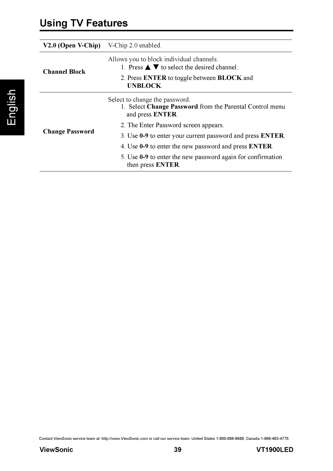 ViewSonic VS13231-1M warranty V2.0 Open V-Chip V-Chip 2.0 enabled, Allows you to block individual channels, Channel Block 