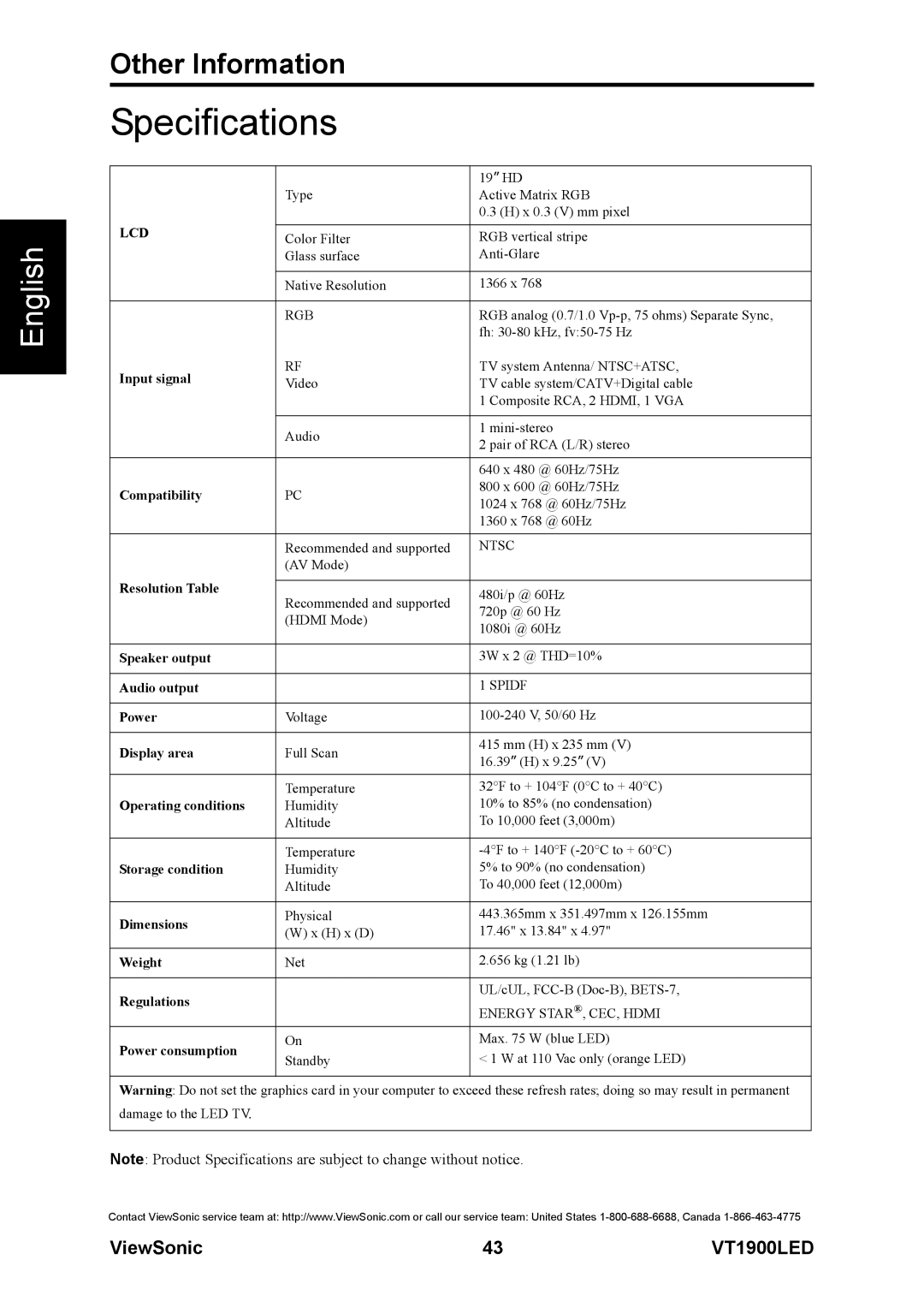 ViewSonic VS13231-1M warranty Specifications 