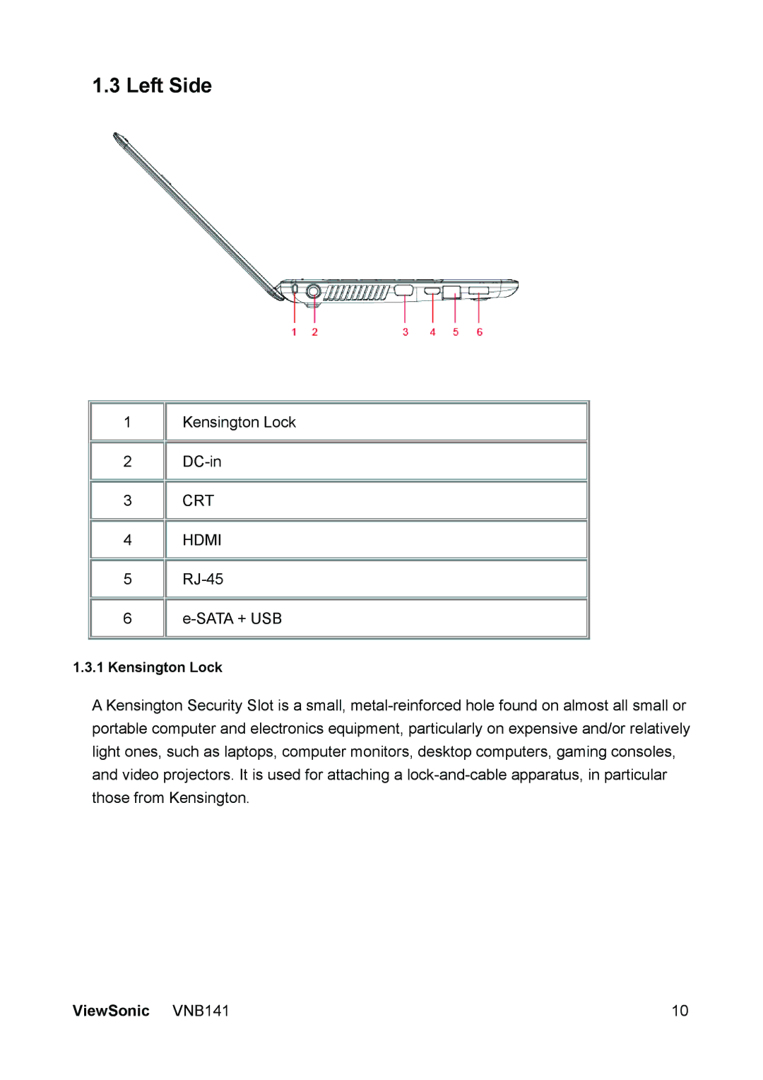 ViewSonic VS13235 manual Left Side, Kensington Lock 