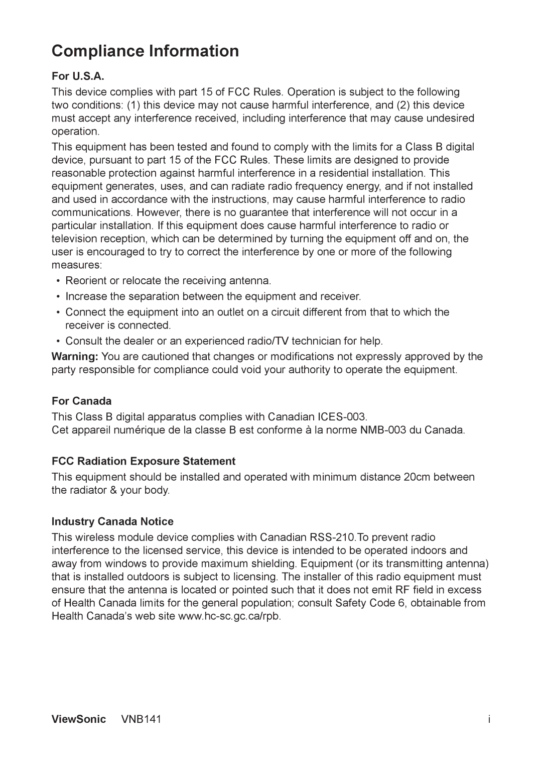 ViewSonic VS13235 manual Compliance Information, For U.S.A 