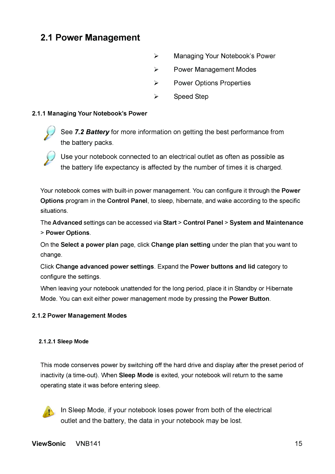 ViewSonic VS13235 manual Managing Your Notebook’s Power, Power Management Modes 