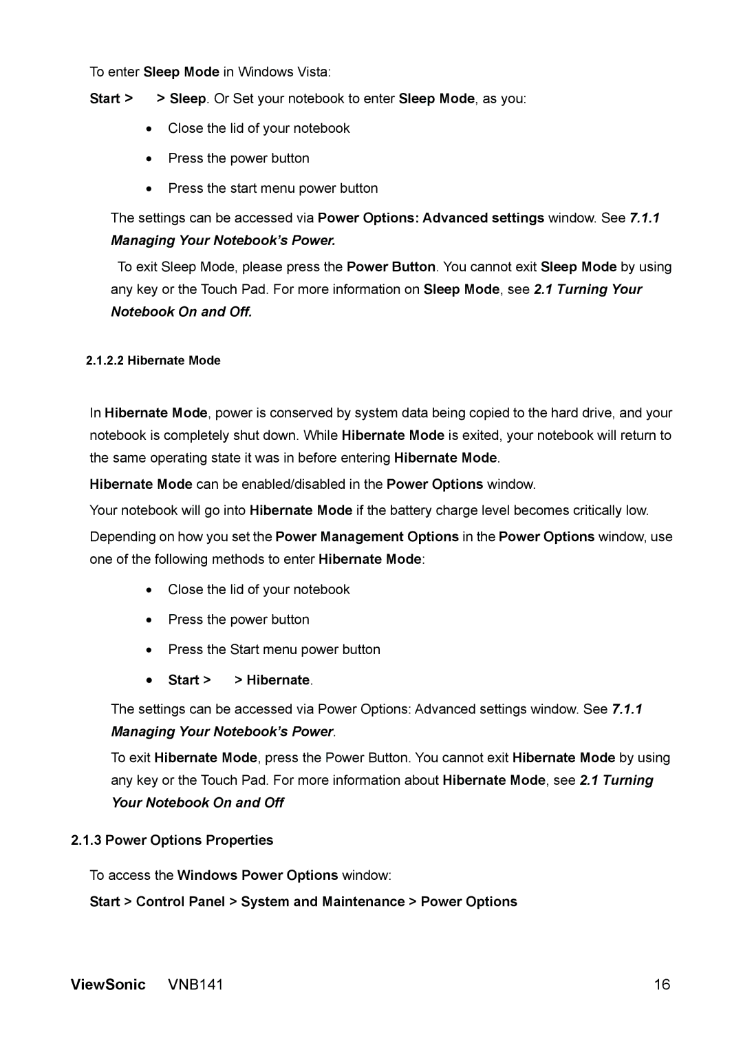 ViewSonic VS13235 manual Managing Your Notebook’s Power, Start  Hibernate 