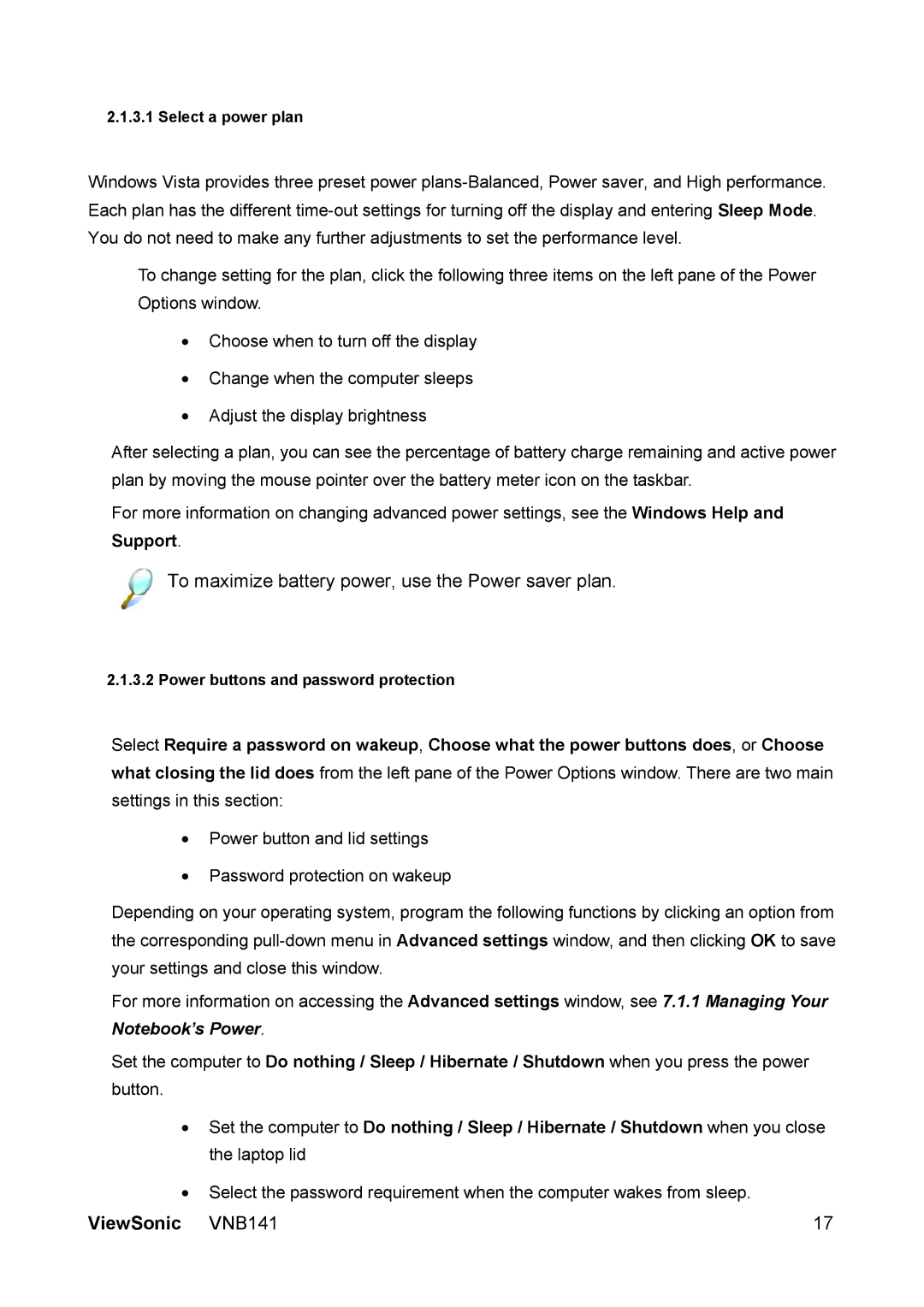 ViewSonic VS13235 manual To maximize battery power, use the Power saver plan 