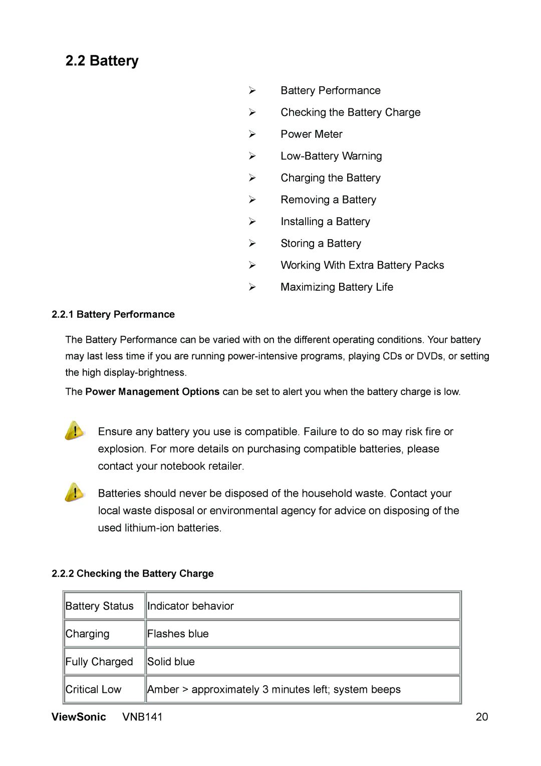 ViewSonic VS13235 manual Battery Performance, Checking the Battery Charge 