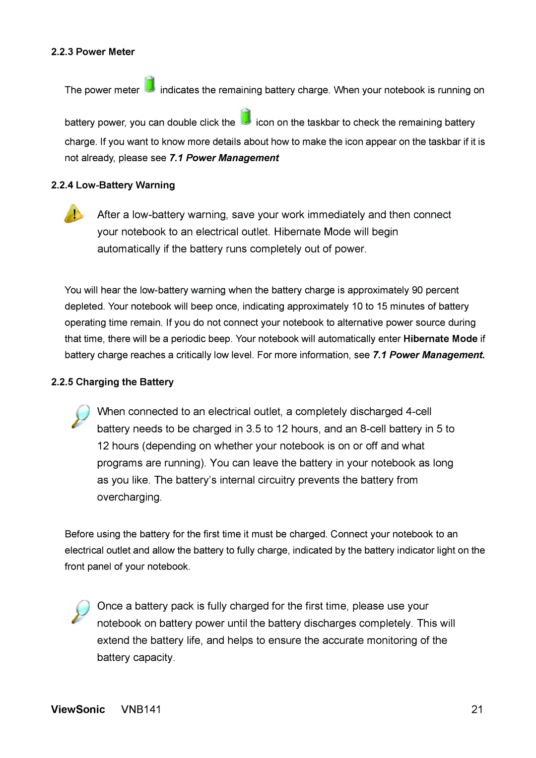 ViewSonic VS13235 manual Power Meter, Low-Battery Warning, Charging the Battery 