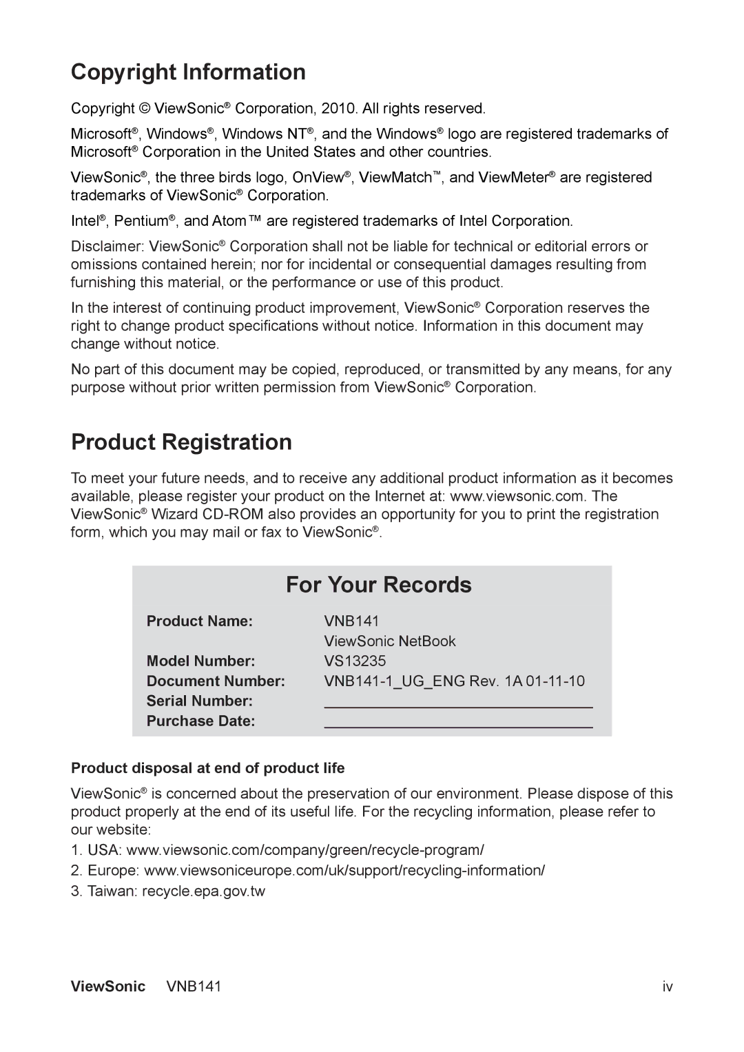 ViewSonic VS13235 manual Copyright Information, Product Registration For Your Records, Document Number 