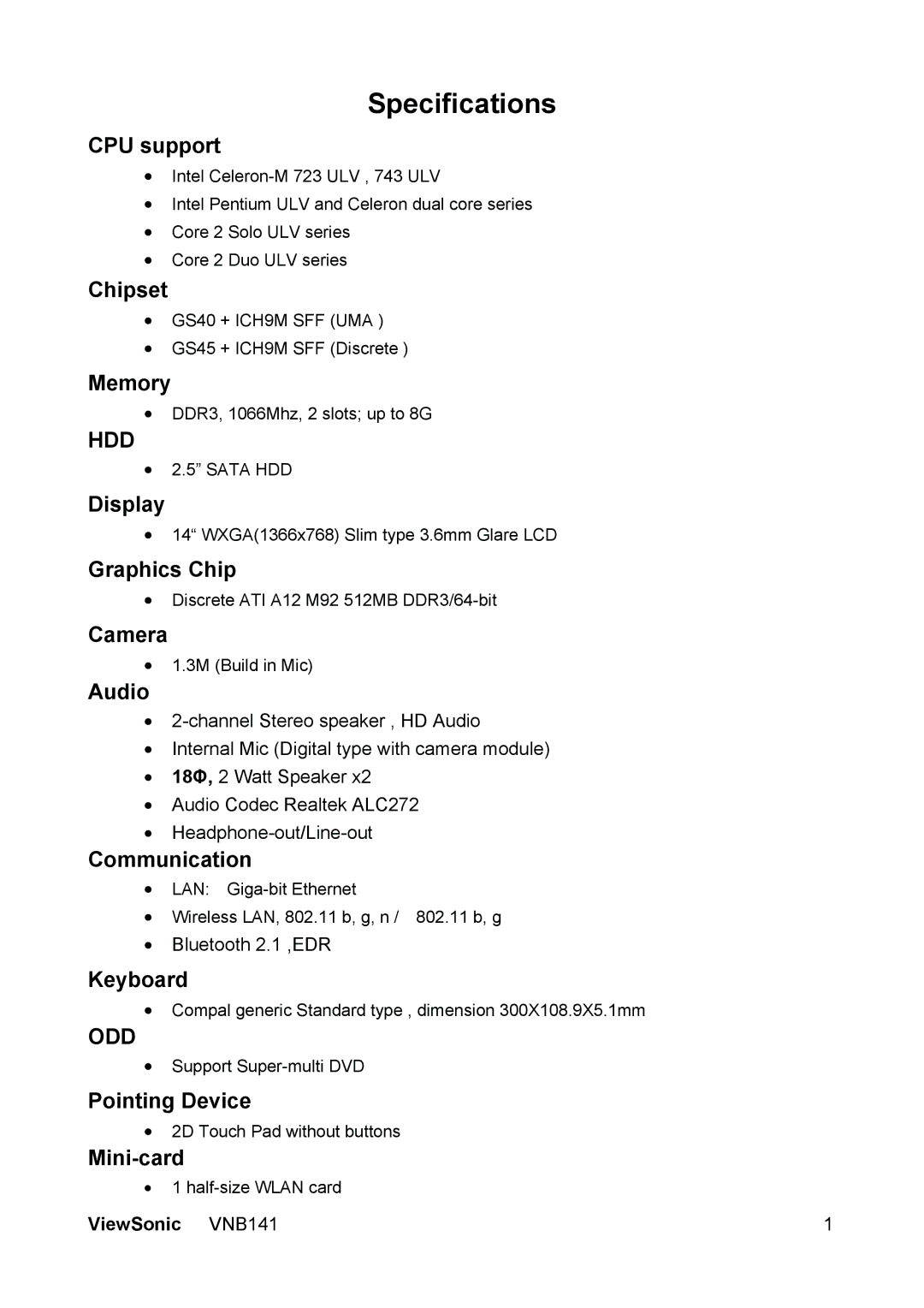 ViewSonic VS13235 manual Specifications, CPU support 