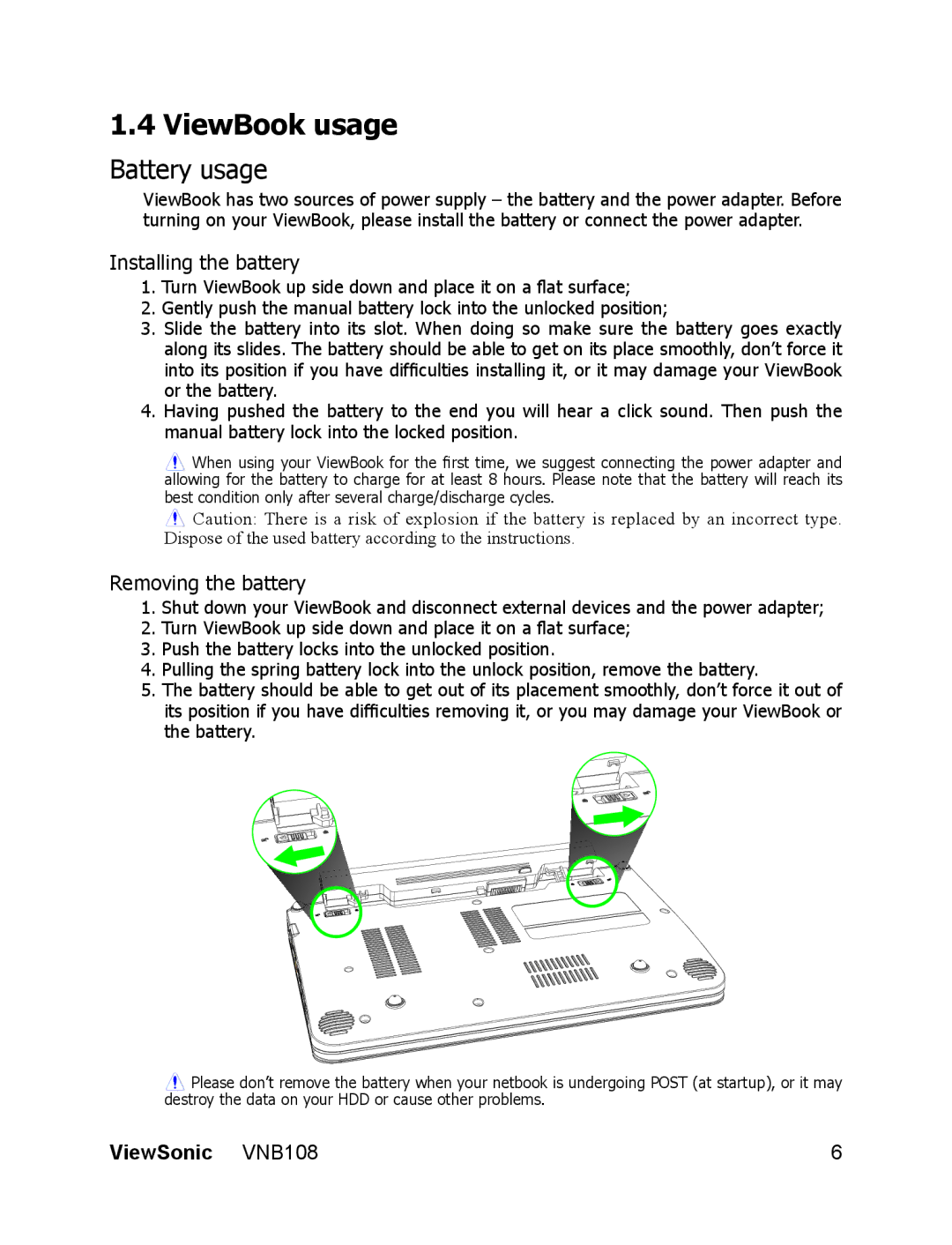 ViewSonic VS13329 manual Battery usage, Installing the battery, Removing the battery 