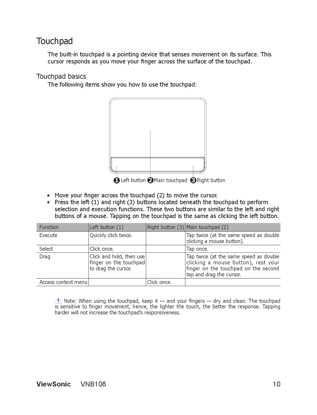 ViewSonic VS13329 manual Touchpad basics 