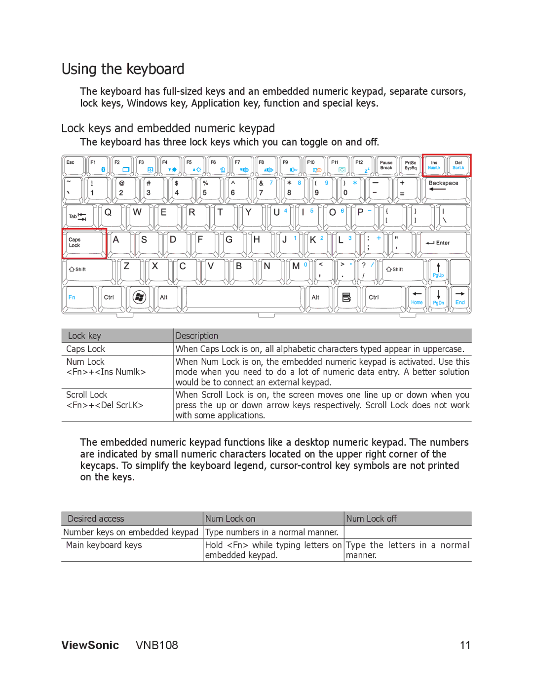 ViewSonic VS13329 manual Using the keyboard, Lock keys and embedded numeric keypad 