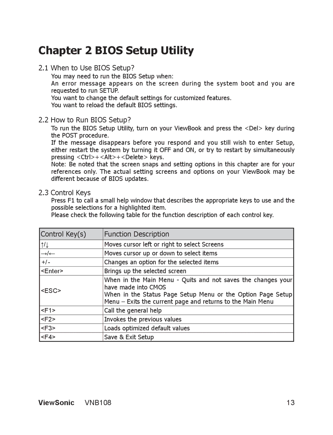 ViewSonic VS13329 manual When to Use Bios Setup?, How to Run Bios Setup?, Control Keys Function Description 