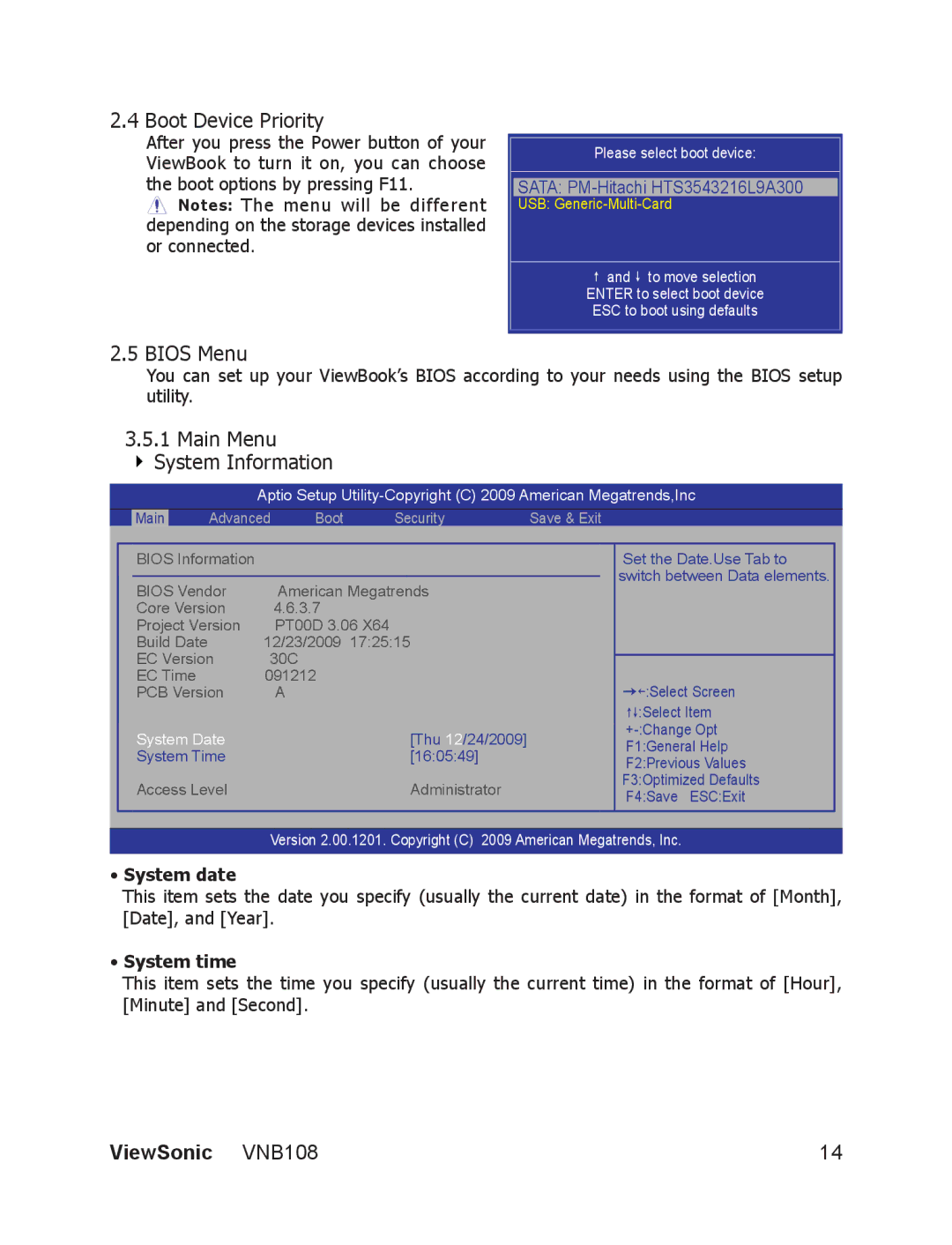 ViewSonic VS13329 manual Boot Device Priority, Bios Menu, Main Menu System Information 