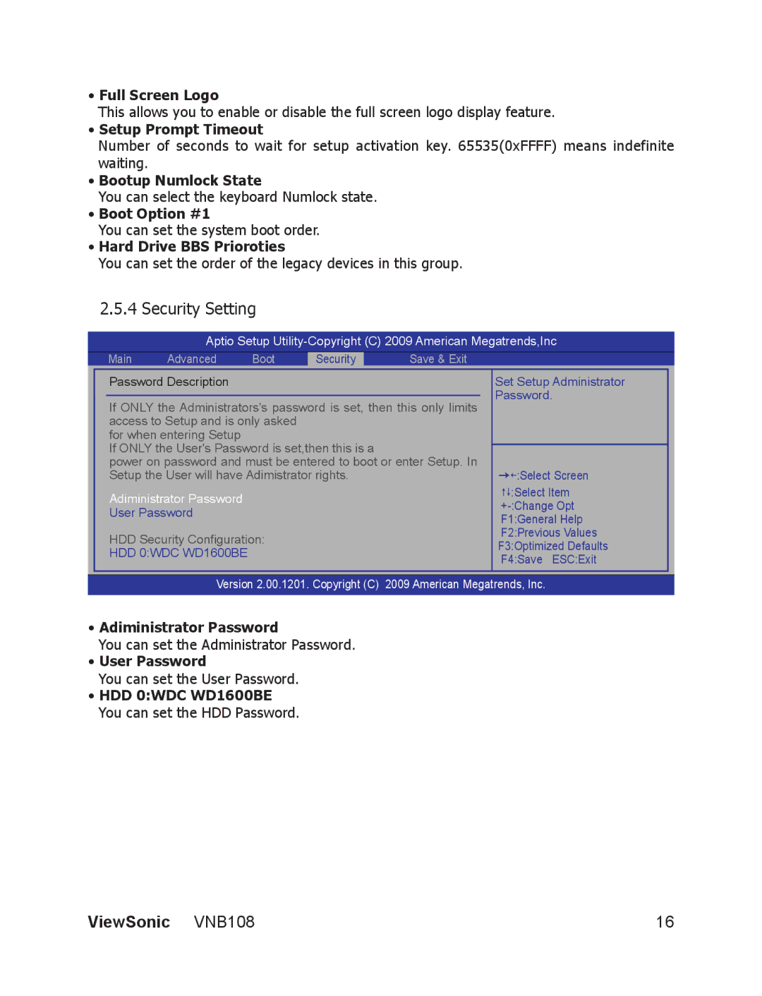 ViewSonic VS13329 manual Security Setting, Adiministrator Password 