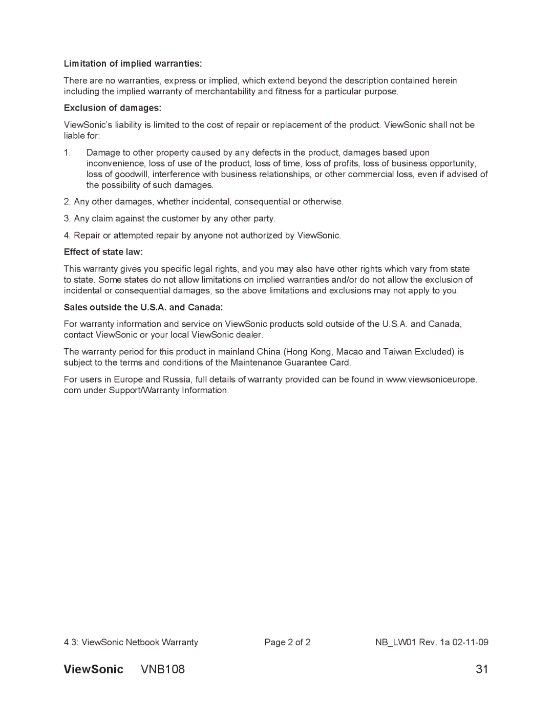 ViewSonic VS13329 manual Limitation of implied warranties 