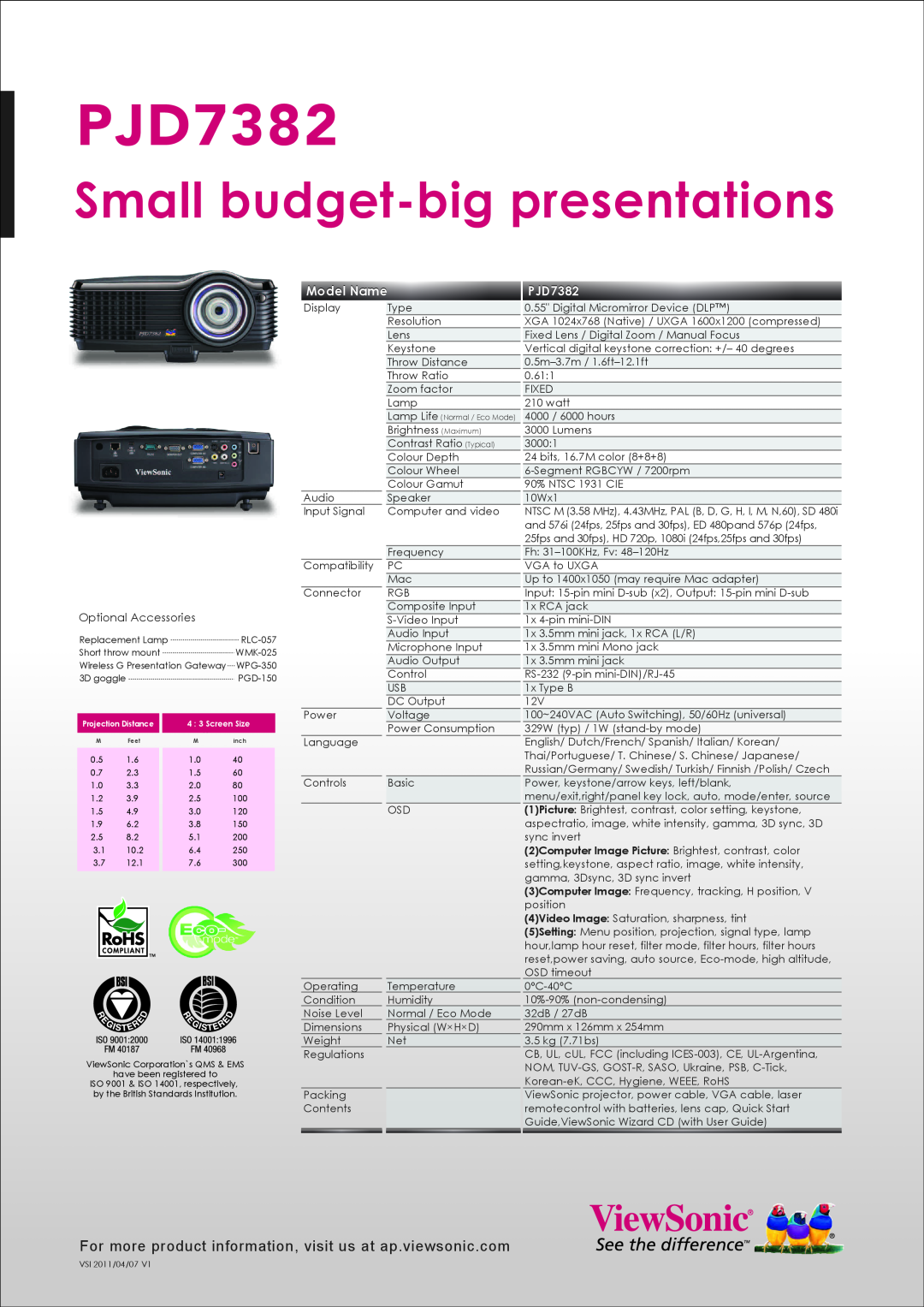 ViewSonic VS13338 warranty PJD7382, Small budget-bigpresentations, Model Name, Optional Accessories 