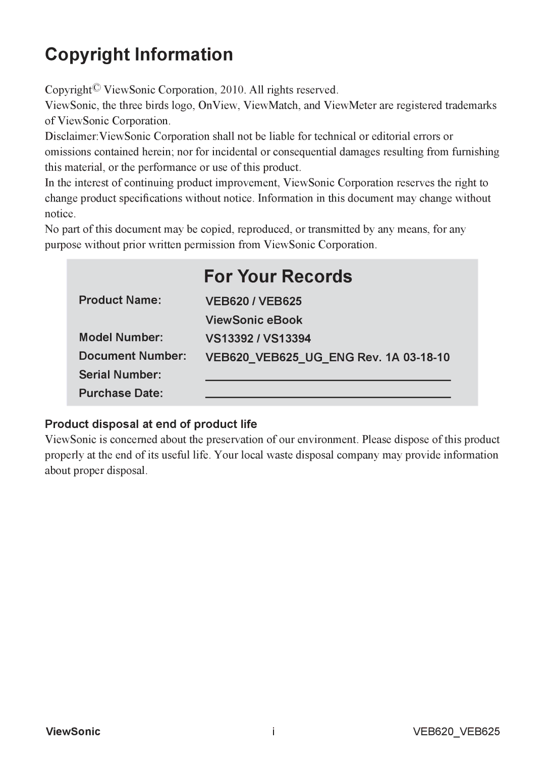 ViewSonic VS13394, VS13392 manual Copyright Information 