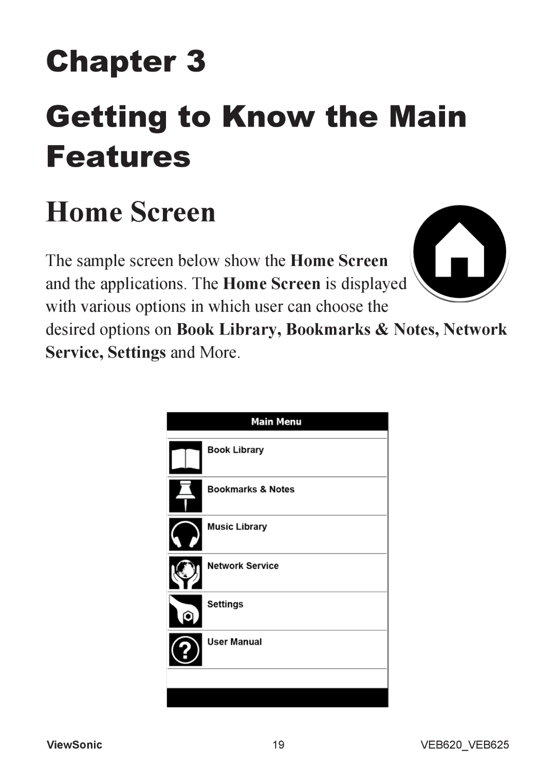 ViewSonic VS13392, VS13394 manual Chapter Getting to Know the Main Features, Home Screen 