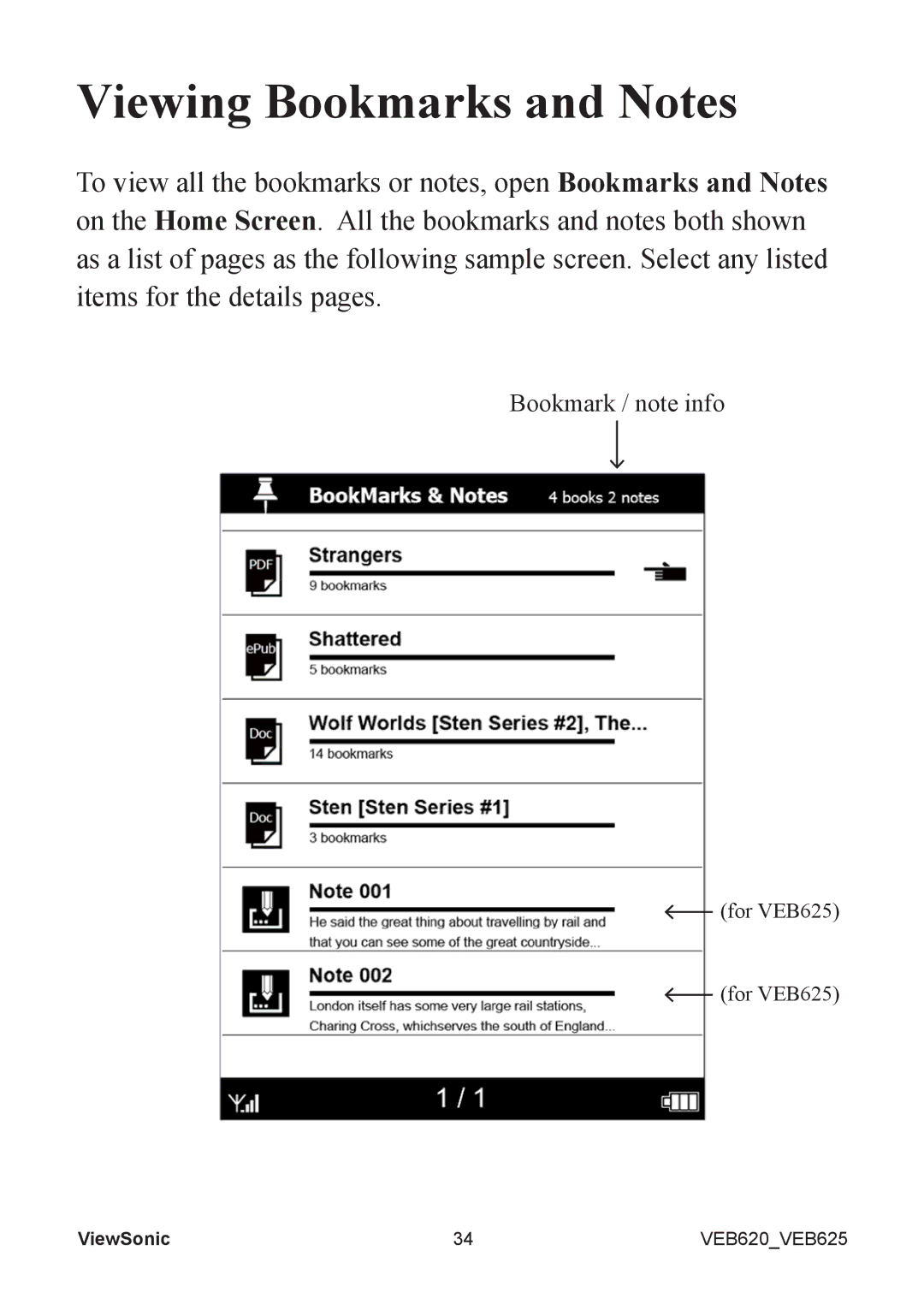 ViewSonic VS13394, VS13392 manual Viewing Bookmarks and Notes 