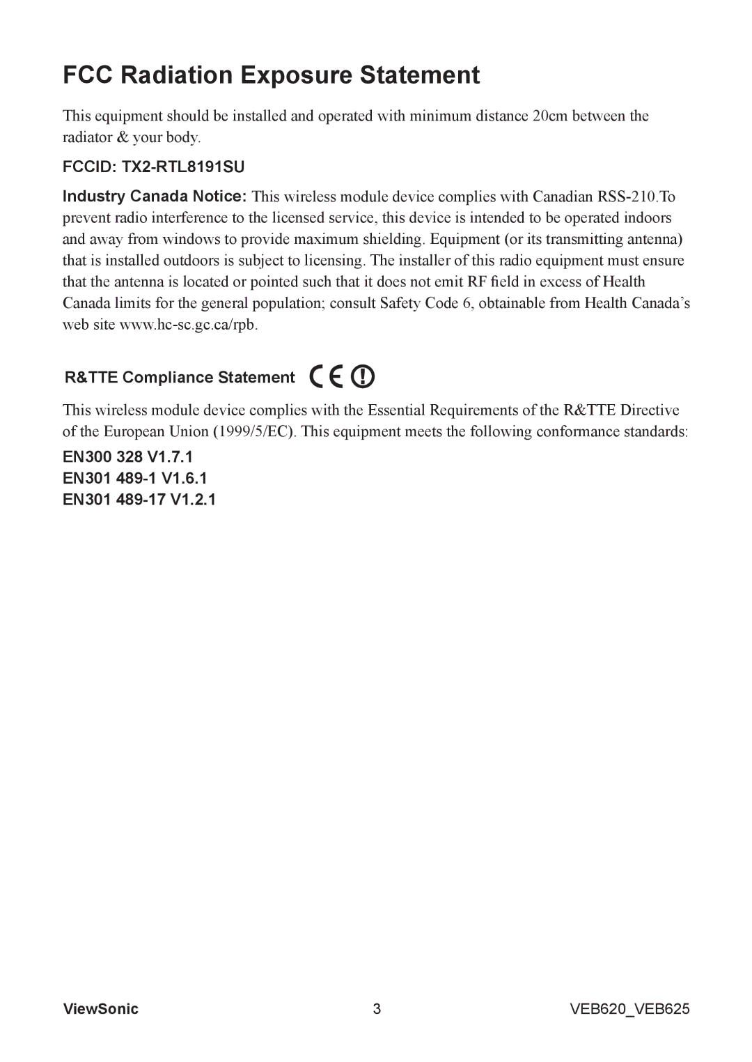 ViewSonic VS13392, VS13394 manual FCC Radiation Exposure Statement 