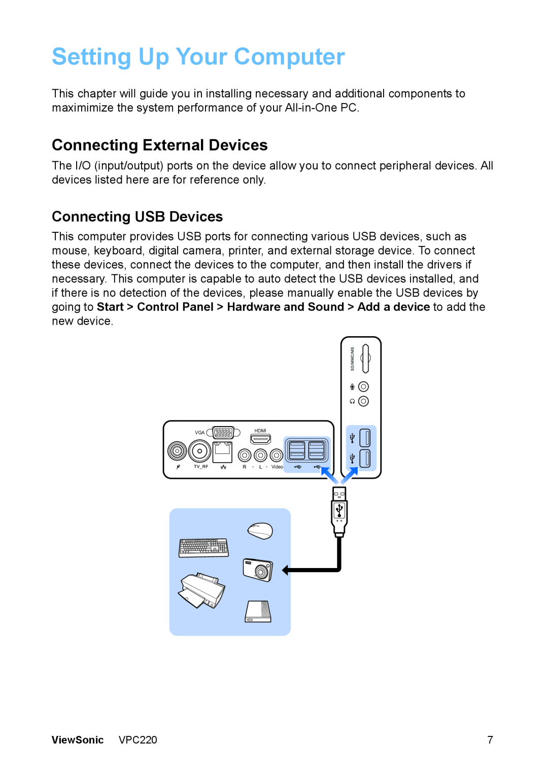 ViewSonic VS13426 manual Setting Up Your Computer, Connecting External Devices, Connecting USB Devices 