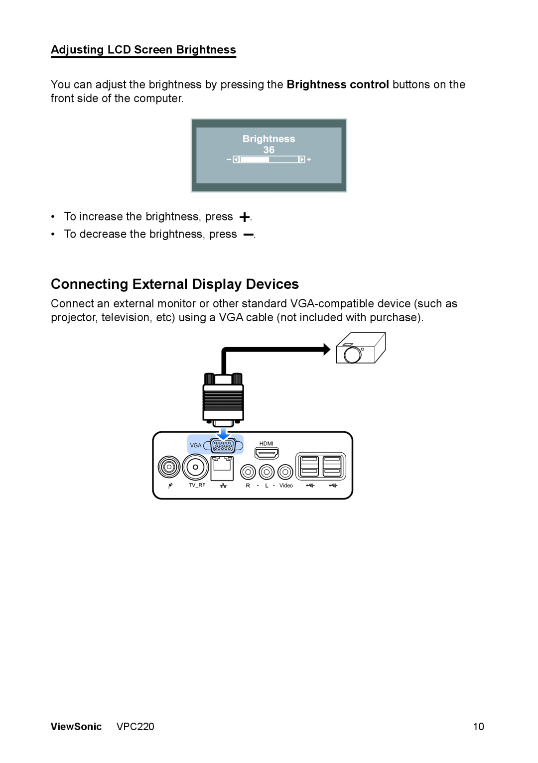 ViewSonic VS13426 manual Connecting External Display Devices, Adjusting LCD Screen Brightness 