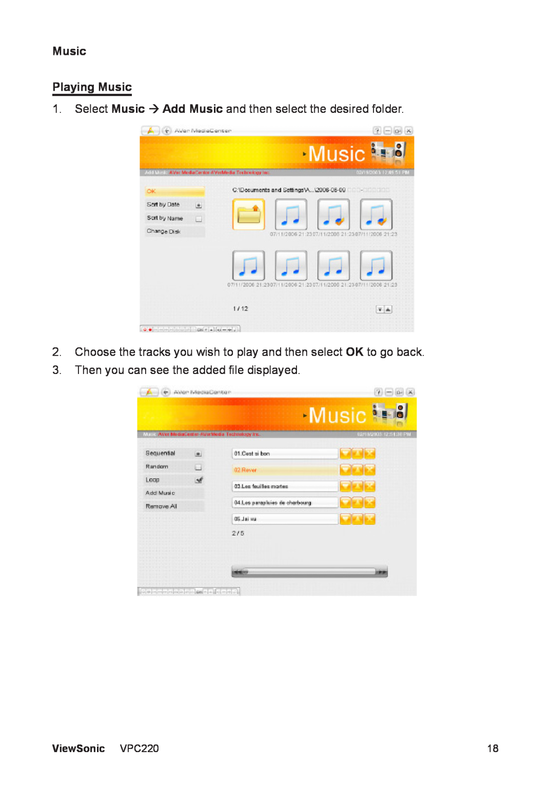 ViewSonic VS13426 manual Music Playing Music, Select Music  Add Music and then select the desired folder, ViewSonic VPC220 