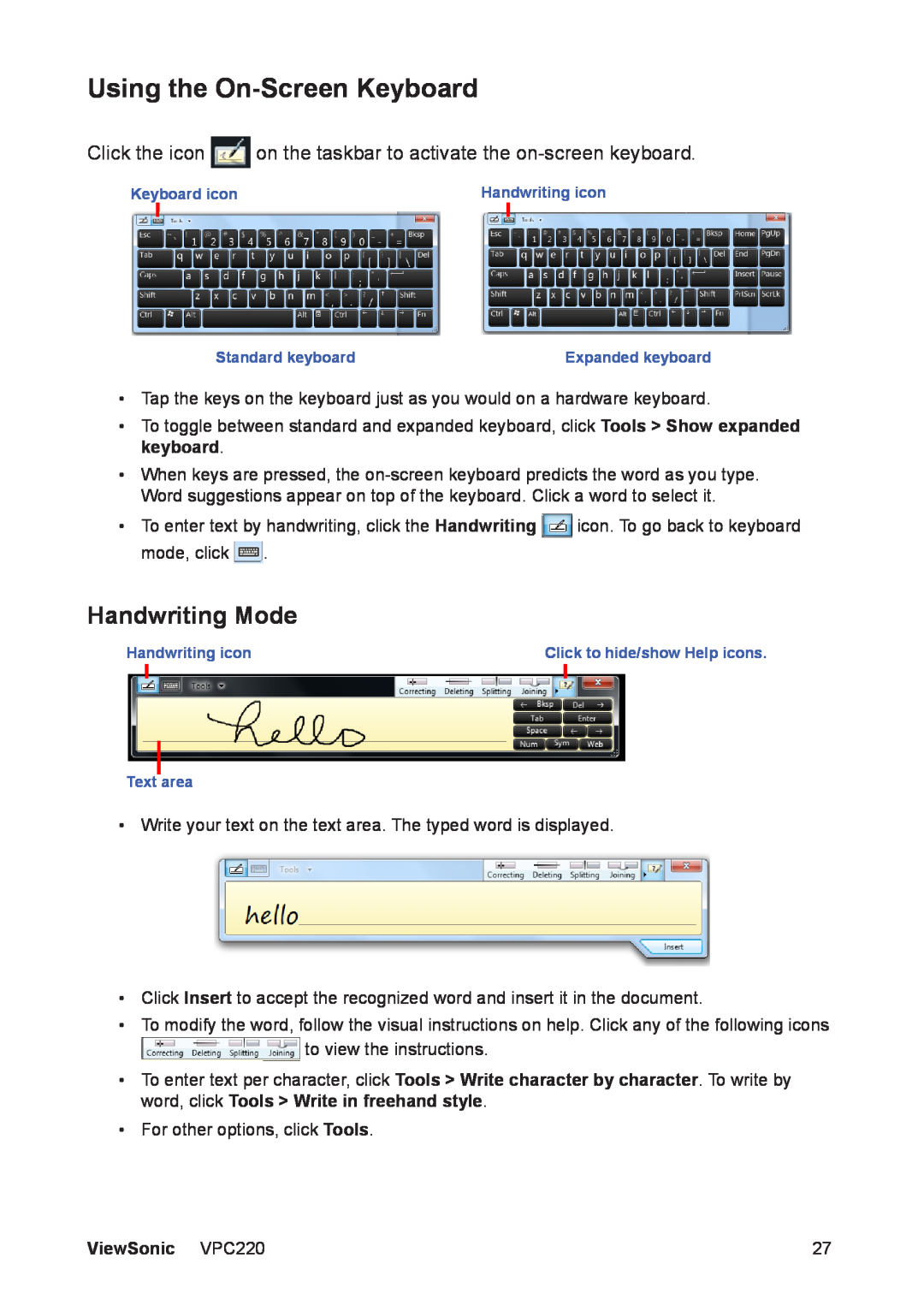 ViewSonic VS13426 manual Using the On-Screen Keyboard, Handwriting Mode, ViewSonic VPC220 