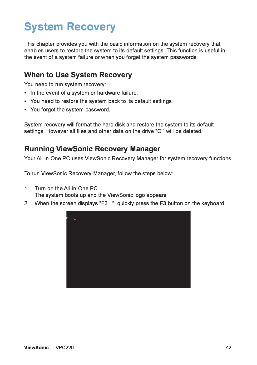 ViewSonic VS13426 manual When to Use System Recovery, Running ViewSonic Recovery Manager 