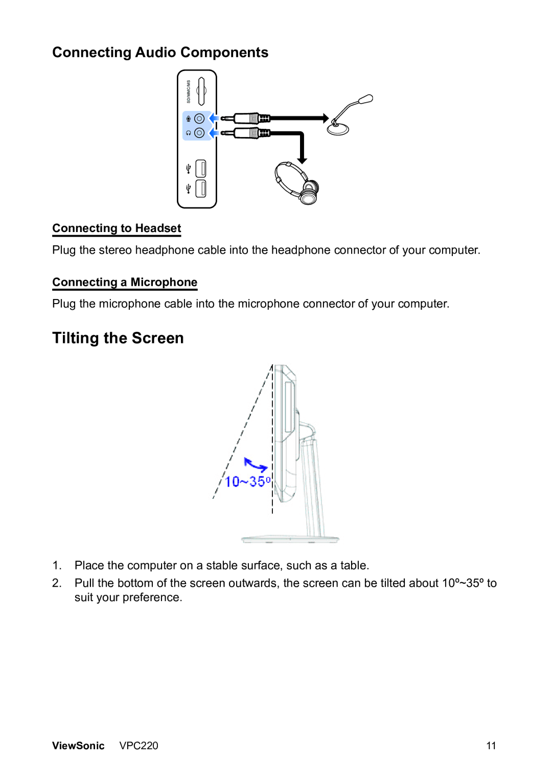 ViewSonic VS13426 manual Tilting the Screen, Connecting Audio Components, Connecting to Headset, Connecting a Microphone 