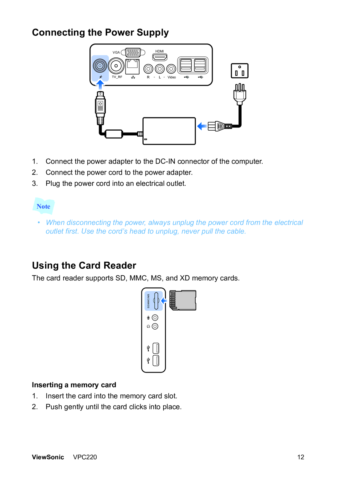 ViewSonic VS13426 manual Connecting the Power Supply, Using the Card Reader, Inserting a memory card 