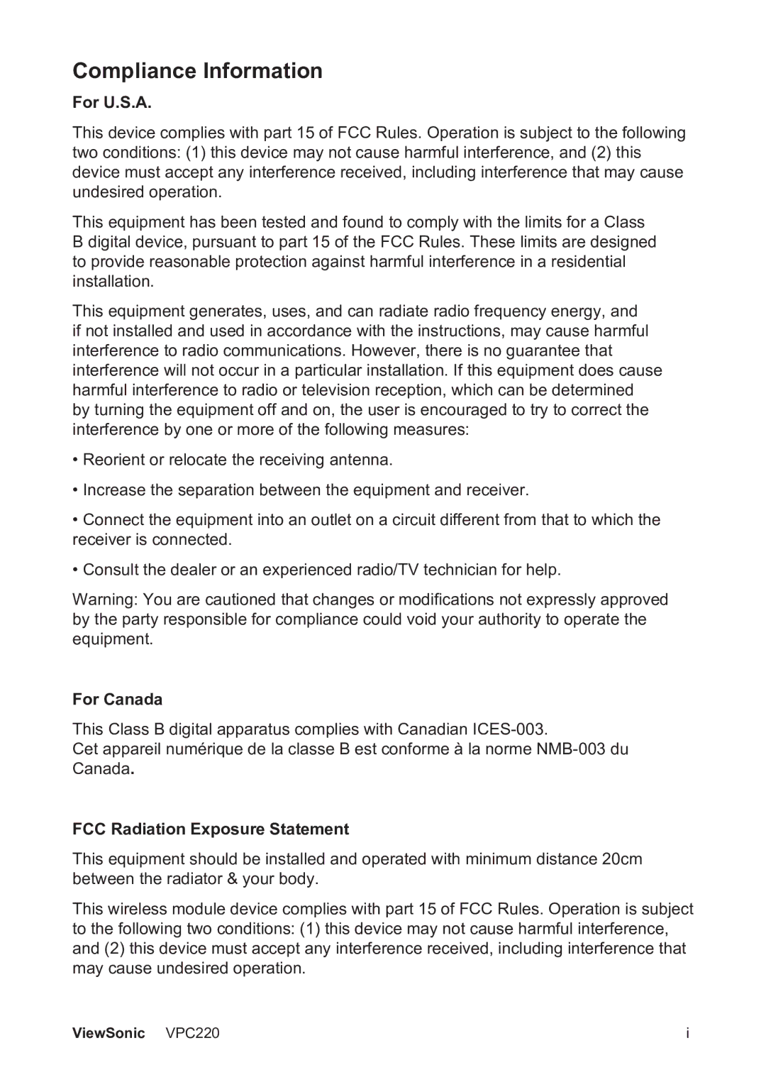 ViewSonic VS13426 manual Compliance Information, For U.S.A, For Canada, FCC Radiation Exposure Statement 