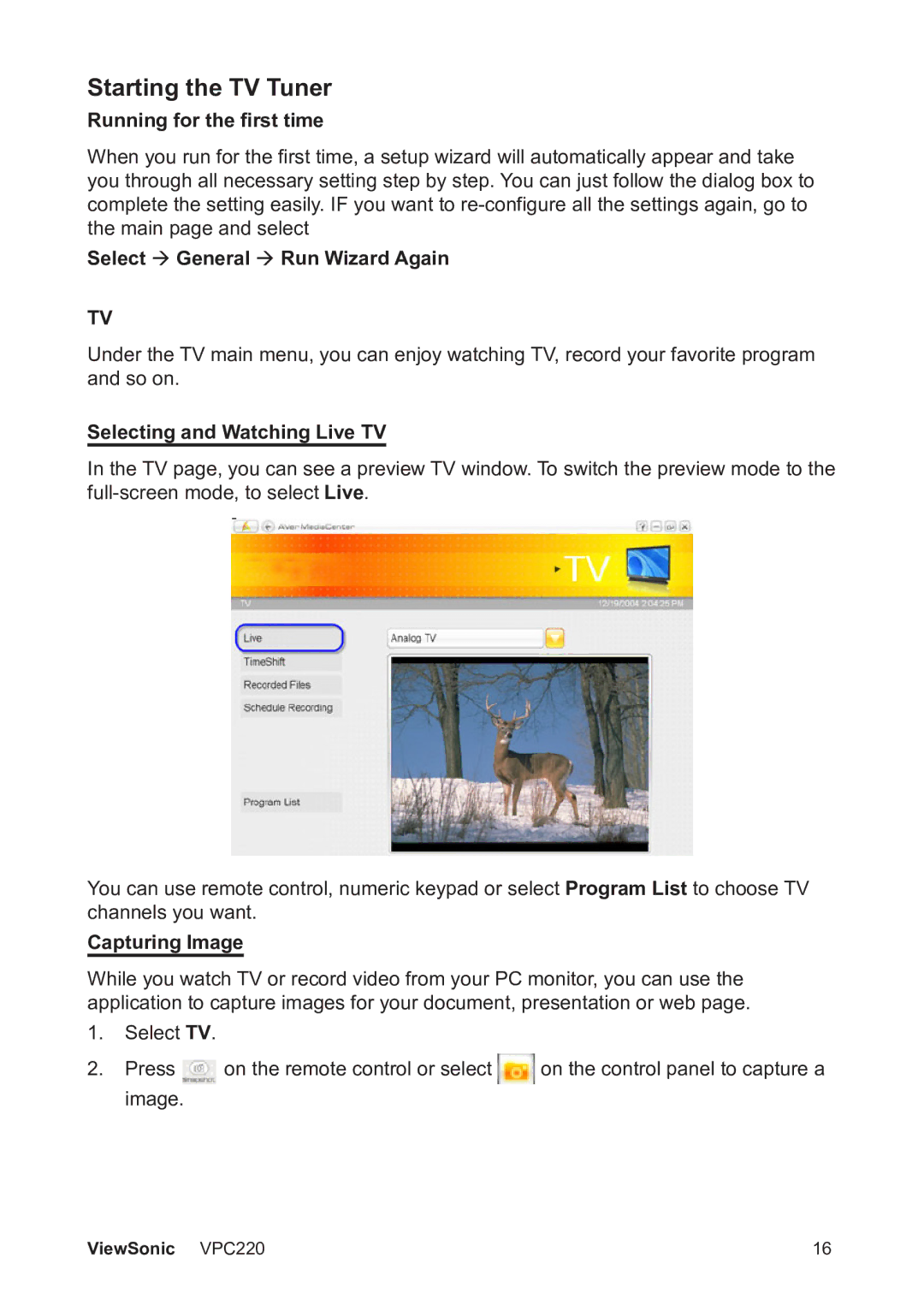 ViewSonic VS13426 Starting the TV Tuner, Running for the first time, Select  General  Run Wizard Again, Capturing Image 