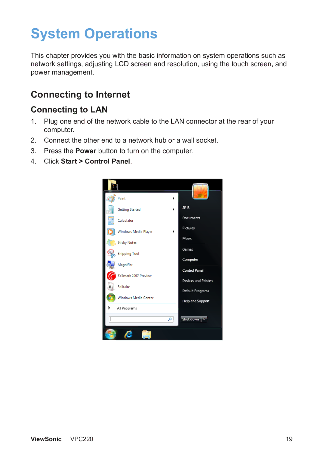 ViewSonic VS13426 manual System Operations, Connecting to Internet, Connecting to LAN, Click Start Control Panel 