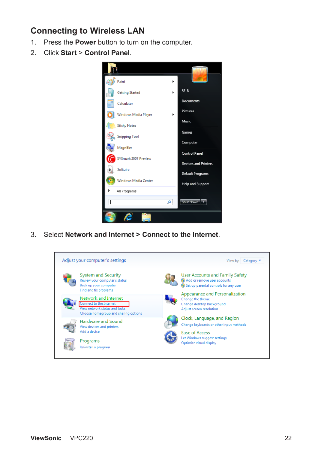 ViewSonic VS13426 manual Connecting to Wireless LAN 