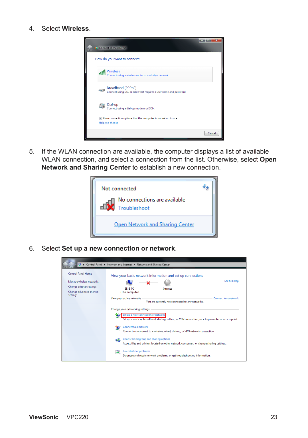 ViewSonic VS13426 manual Select Set up a new connection or network 