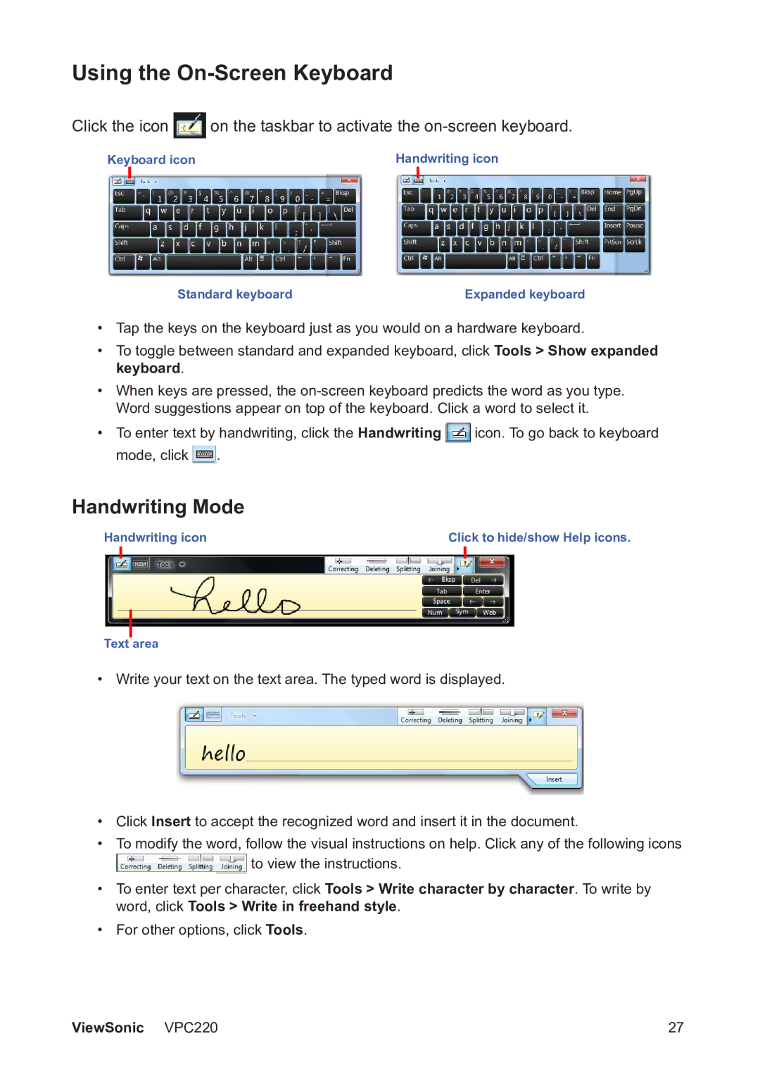 ViewSonic VS13426 manual Using the On-Screen Keyboard, Handwriting Mode 