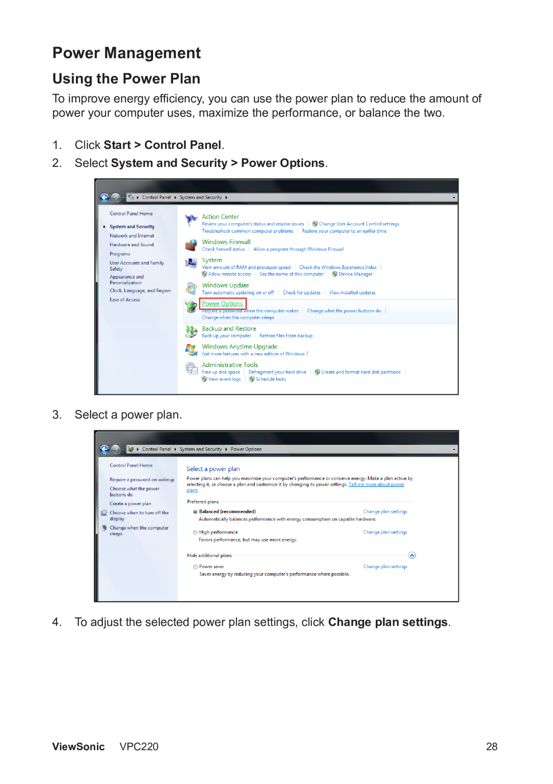 ViewSonic VS13426 manual Power Management, Using the Power Plan 