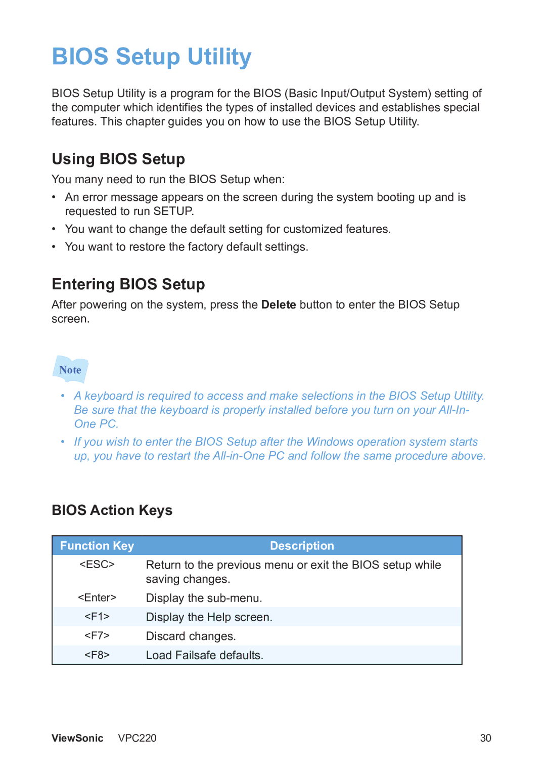 ViewSonic VS13426 manual Bios Setup Utility, Using Bios Setup, Entering Bios Setup, Bios Action Keys 